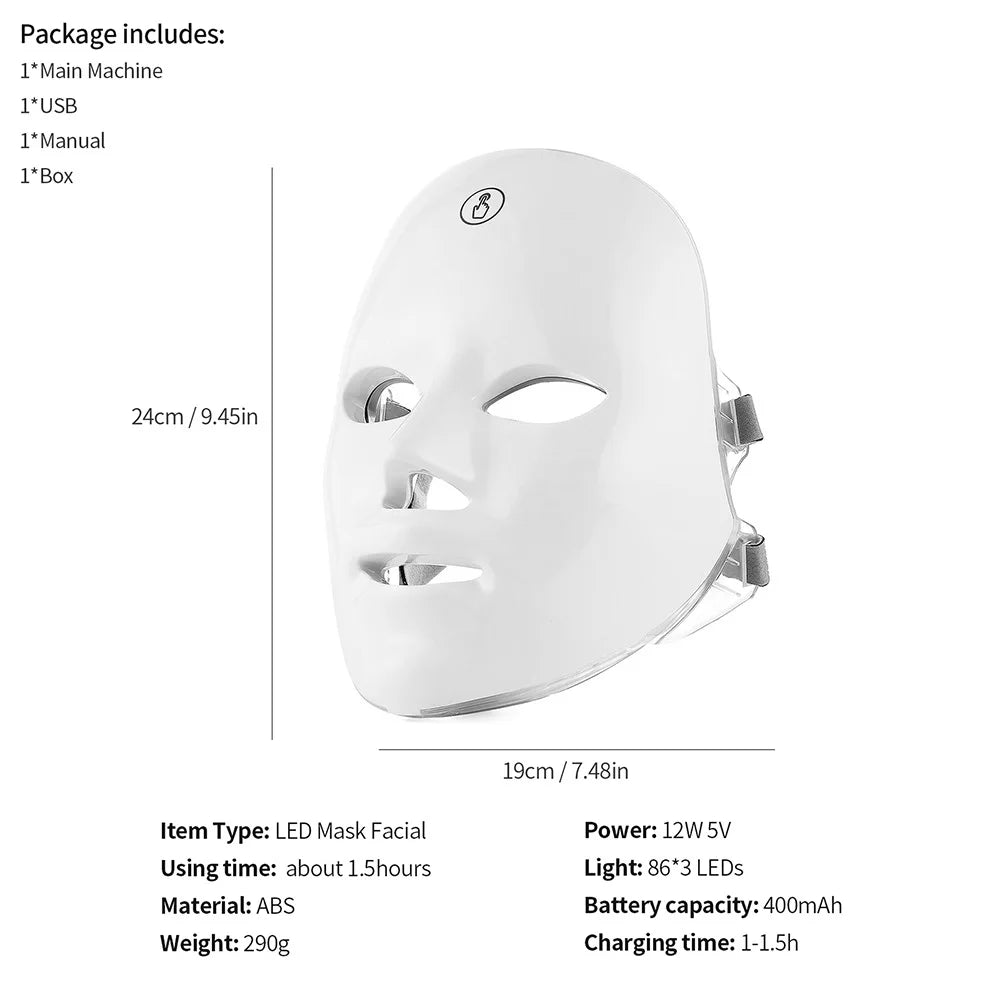 Máscara facial recarregável de LED com 7 cores